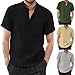 Mens Short Sleeve Henley Shirts Button Casual Daily Shirt Beach Vacation Tee Shirt Slim Fit Linen Tops with Pocekt (Black,Large)