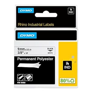 DYMO Rhino Industrial Polyester Labels, 9 mm x 3.5 m, Black Print on White, Self-Adhesive, 18482