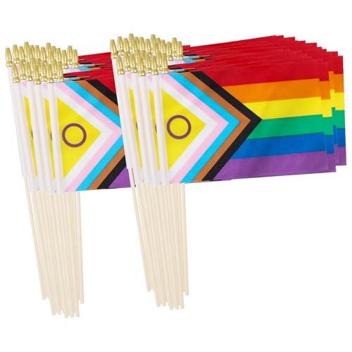 Yingnner 50 Pack Small New Intersex Progress Pride Rainbow Gay Stick Flag Mini Hand Held LGBTQ Flags Decorations 5x8inch