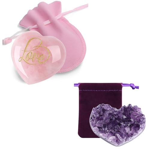 ZHIYUXI Amethyst Heart Crystal Cluster and 45mm Rose Quartz Crystals Engraved Heart Crystal Stone Love Healing Gifts Gemstones Gifts for Women