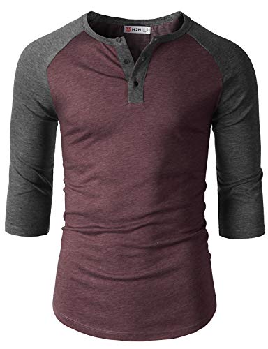 H2H Men's Slim Fit Casual Raglan 3/4 Sleeve Henley Baseball Jersey Knit T Shirt Burgundy US 2XL/Asia 3XL (CMTTS0229) - Thumbnail 2