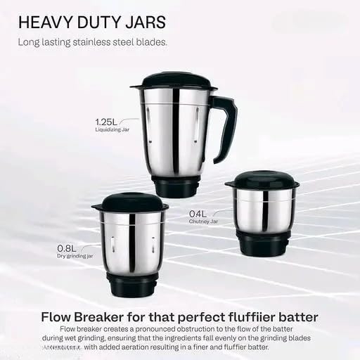 Image of Universal Mixer Grinder Jar Set - 3 High-Grade Stainless Steel Mixie Jars for Dosa Batter, Chutney & Masala Grinding, Durable Replacement Jars for Home Kitchen, Silver & Black