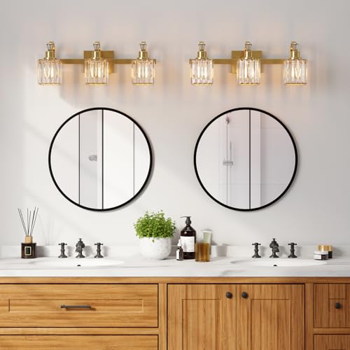 Image of GarveeTech Bathroom Vanity Light Fixtures Modern Crystal Vanity Light Fixtures Over Mirror, Modern Crystal Wall Lighting with Square Shade(Black) (Gold, 3 Lights)