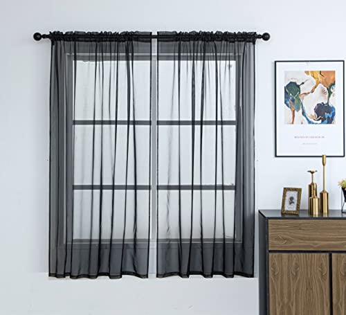 PI Sheer Curtains 63 Inches Long,Voile Textured Polyester Curtain with Rod Pocket for Bedroom/Living Room 2 Panels(Black,W42XL63)