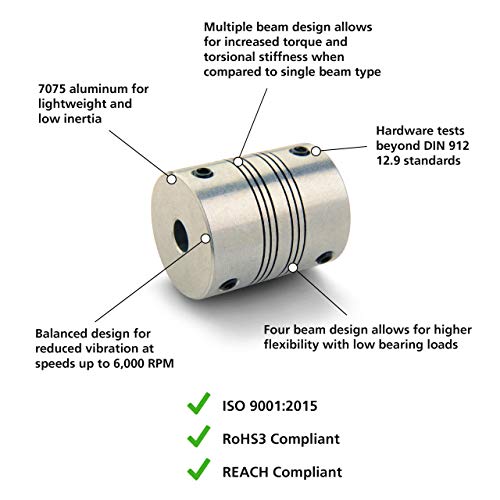 Ruland PSR18-6-6-A Set Screw Beam Coupling, Polished Aluminum, Inch, 3/8" Bore A Diameter, 3/8" Bore B Diameter, 1-1/8" OD, 1-1/2" Length, 54 lb-in Nominal Torque
