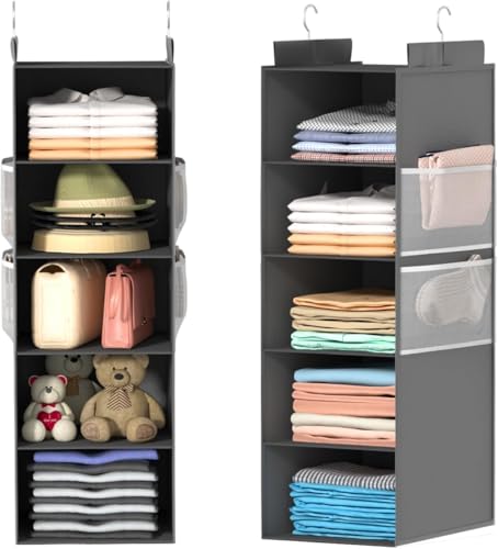 ALLTIDYUP Extra Tiefer Schrank Hängeorganizer mit 5 Fächern und Mesh-Taschen-Kleiderschrank Organizer, Stabil und Platzsparend-Ideal für Studentenwohnheim und Wohnmobil (Grau)