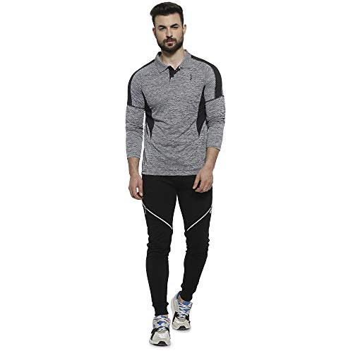 Image of Cahoot Men's Black & Grey Heathered Contrast Activewear T-Shirt for Casual Wear | Spread Collar | Long Sleeve | Half-Button Closure | T-Shirt Crafted with Comfort Fit for Everyday Wear