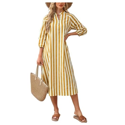 YEXPINE Women Summer Striped Button Down Long Maxi Dress Loose Fit 3/4 Sleeve Cotton Caftan Shirt Dress with Pocket(Yellow-XS)