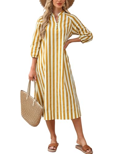 Women Summer Striped Button Down Long Maxi Dress Loose Fit 3/4 Sleeve Cotton Caftan Shirt Dress with Pocket