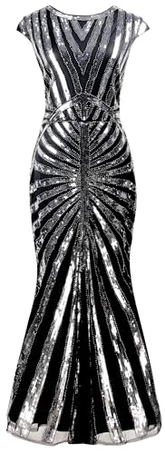 Image of Women Evening Maxi Long Dress 1920s Sequin Mermaid Hem Wedding Prom Gown Costume w / 20s Gatsby Accessories Set