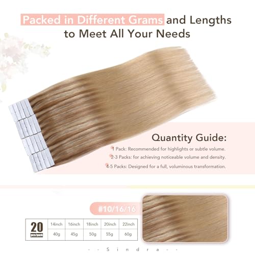 Image of Sindra Invisi Edge Tape in Hair Extensions Human Hair | 20Inch 55g 20pcs, Golden Brown Mixed Light Blonde, Invisible Injected Tape Ins, Soft Natural, Seamless Blend