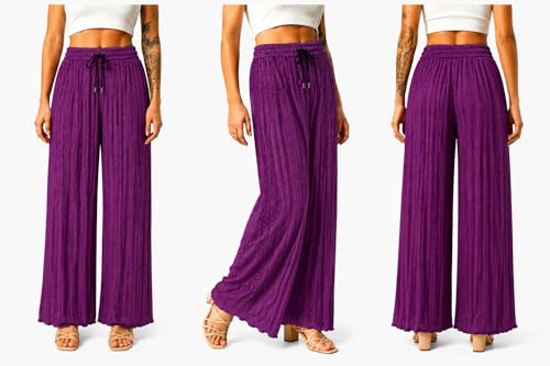 Image of Ebifin Women Pleated Palazzo Pants, Elastic Waist, Free Size, Casual Summer Wide Leg Trousers, Flowy Lightweight Lounge Pants for Travel, Vacation
