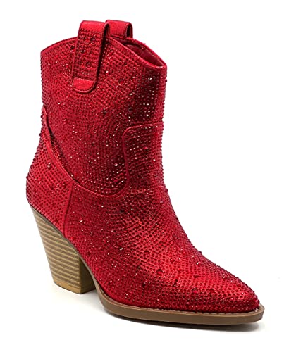 FOREVER Women Rhinestone Block Chunky Heel Ankle Bootie River-01 Red 10,Red Rhinestone-012