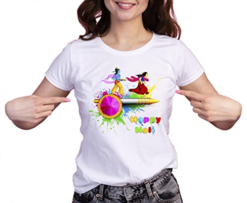 Image of Knitted Polycotton Fabric Regular Fit Girl Women Half Sleeve T-Shirt for Festival of Holi Style 20 White Size : Free