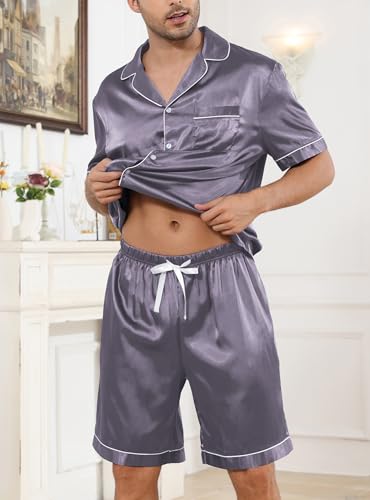Image of Veseacky Mens Silk Satin Pajamas Set Short Sleeve Sleepwear Button-Down Pjs Sets Two-Pieces Loungewear with Pockets S-XXL