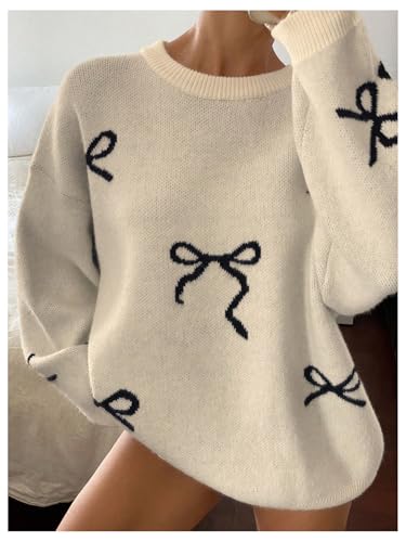 SOLY HUX Oversized Sweaters for Women Y2k Bow Print Crew Neck Drop Shoulder Long Sleeve Knit Pullover Tops4