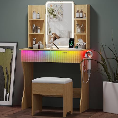 Image of Small Vanity Desk with Mirror and Lights, Makeup Vanity with LED Lighted Mirror, Fluted Vanity with Lights Desk and Chair, 3 Lighting Adjustable Dressing Table with Charging Station for Women,Girls