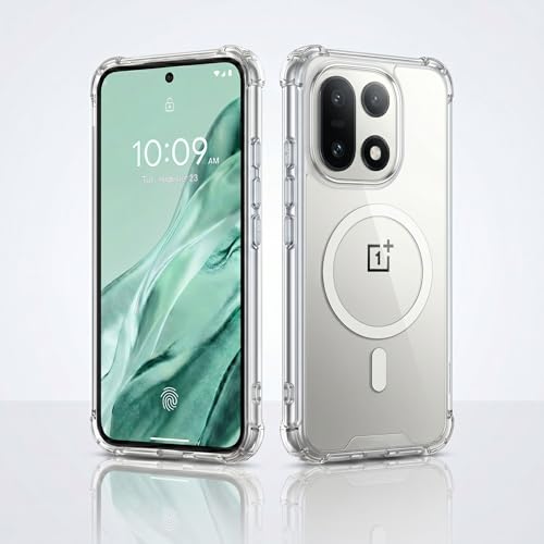 Image of amazon basics Crystal Clear Magnetic Case for OnePlus 15 5G | Compatible with MagSafe Accessories | Air-Guard Corners | Shockproof TPU + Hard PC Back | Slim Transparent Protective Cover (Clear)