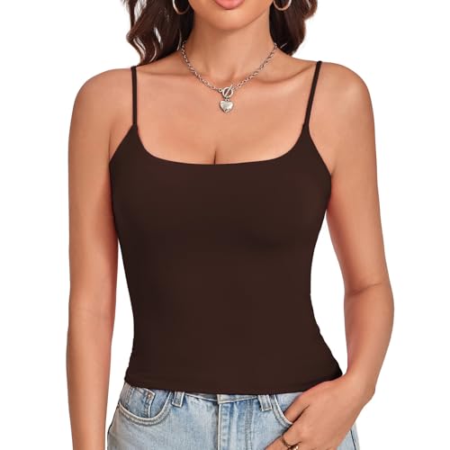 NEXSONIC Womens Double Lined Basic Tank Tops Cropped Adjustable Spaghetti Straps Sleeveless Camisole Shirts(Coffee Brown X-Small)