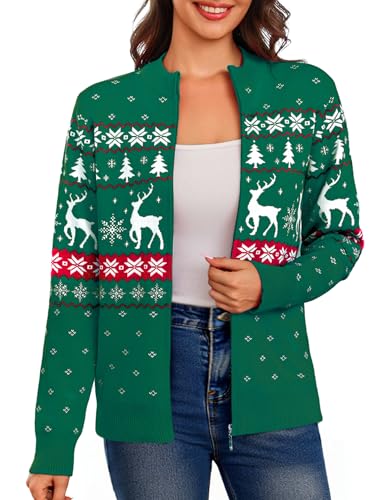Aottori Weihnachts Strickjacke Damen Weihnachtsjacke Kurz Weihnachten Cardigan Weihnachtspullover mit Reißverschluss Rentiermuster Christmas Sweater...
