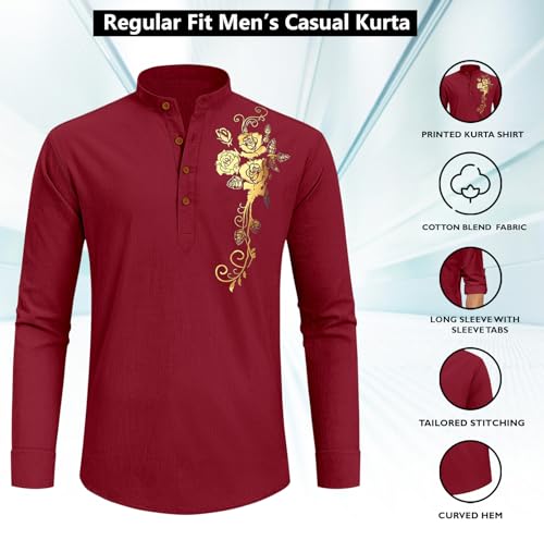 Image of Zombom Men's Cotton Polyester Blend Mandarin Collar Self One Design Printed Full Sleeve Casual Short Kurta