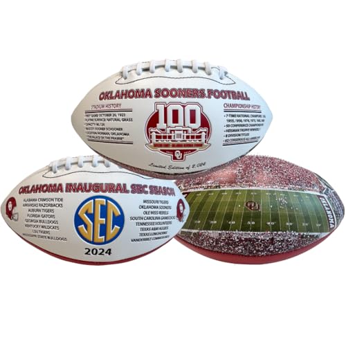 NIKCO SPORTS Oklahoma Sooners 100th Anniversary Football | Limited Edition of 2,024 | Memorial Stadium | NCAA College 2024 OU SEC Season Collectible Gift Memorabilia with Certificate of Authenticity