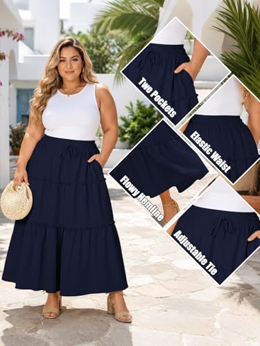 Image of Moon Wood Plus Size Maxi Skirts for Women Trendy Long Flowy Boho Tiered Skirt Renaissance Summer Beach Skirt with Pockets