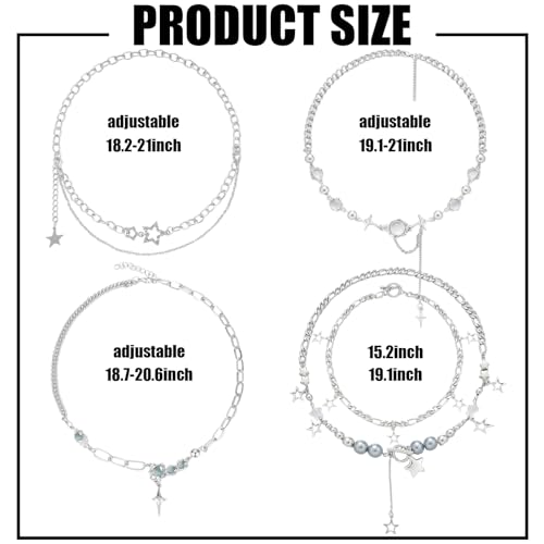 4 Pcs Y2k Double Layered Necklace Set Irregular Moonstone Collar Chain Punk Star Pendant Zircon Jewelry Silver Asymmetric Necklace Adjustable Grunge Star Choker for Women Teen2