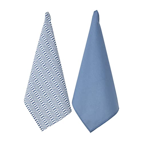 Penguin Home Set of 2 Recycled cotton Tea Towels, Eco Friendly Sustainable Plain Woven & Printed Kitchen Towels, Stylish Thokka Print Size - 50x70 cm Colour - White & Blue Dish Towels