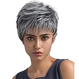 SENHORAS Short Gray Pixie Cut Wigs for Women with Bangs Synthetic Natural Silver Grey Real Hair Wig