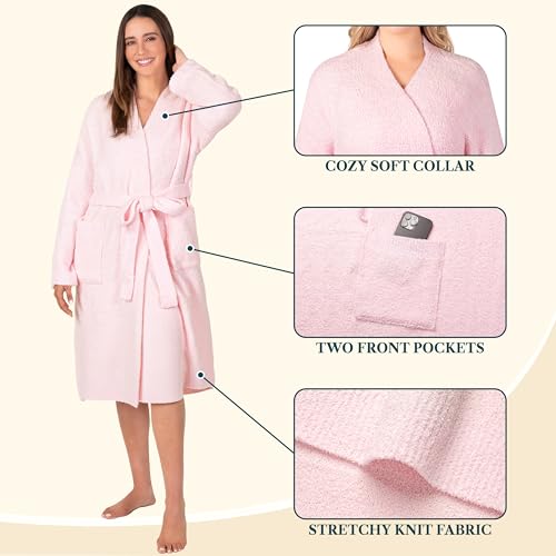 Image of PAVILIA Premium Plush Robe for Women, Soft Cozy Fuzzy Bathrobe with Pockets, Warm Mid-Length Lounge Robe with Tie Belt