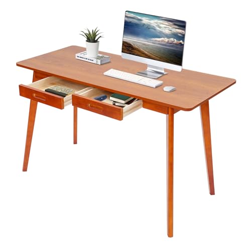 HUSPOO Escritorio de madera con 2 cajones, versátil y pequeño, 120 x 55 x 74 cm, mesa de trabajo moderna para oficina en casa, oficina, habitación infantil (color nogal)