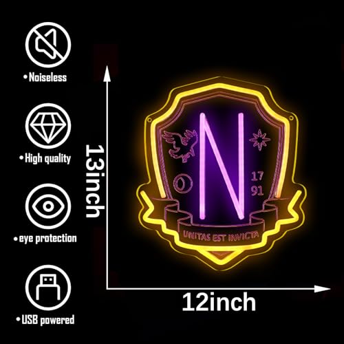 Image of Acadamy Purple 1791 Neon Signs for Wall Decor, 12*13 Inches, Unitas Est Invicta LED Lights with Dimmer Switch, Gothic School Emblem Neon Lights for Wodnesday Fans Gifts and Halloween Theme Party Decoration