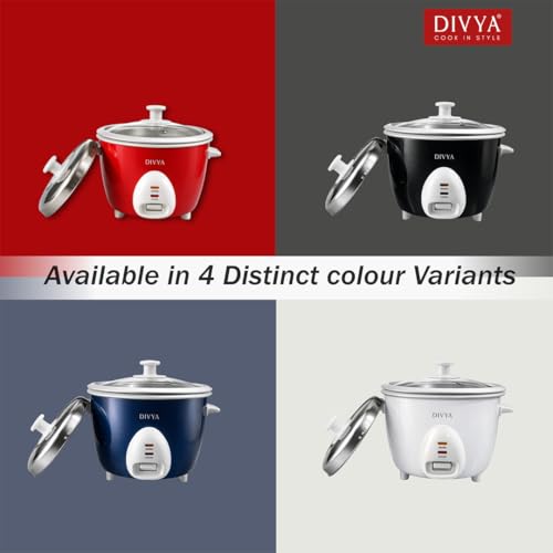 Image of DIVYA 0.6 L Drum Electric Rice Cooker for Home | 300 W | Double Pot Anodised Aluminium | Glass & Stainless Steel Lid | Cook & Keep Warm Function | Compact Rice Cooker | Black