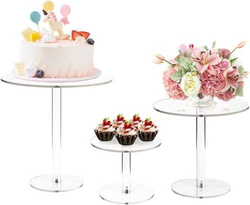 3 PCS Acrylic Cake Stand Clear Cupcake Stand Cake Holder Round Cake Stands for Dessert Table Clear Cupcake Stand for Birthday Party Pastry Candy Pizza Display Riser for Birthday Wedding Party Baby