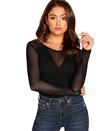 Romwe Women's Sheer Mesh Slim fit Top Long Sleeve See Through Tee Blouse Black Larg e
