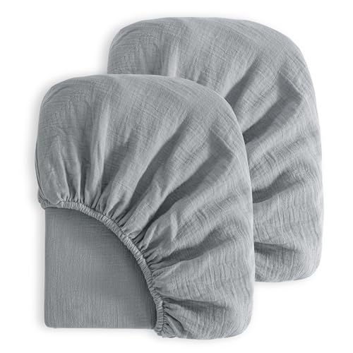 Image of NTBAY 2 Pack Muslin Cotton Crib Sheets, Soft and Breathable Double Layer 28x52 Baby Crib Sheets for Standard Crib and Toddler Mattresses, Boys, Girls, Unisex, Grey, 28x52 Inches