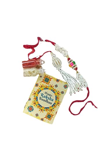 SAAVI COLLECTION Traditional Festive Religious Artificial Pearl Bhaiya Bhabhi Rakhi Middle Colorful Pearl Beaded flower Side Veni pattern Mens with Roli Chawal Glass Bottle with Rakshabandhan Card