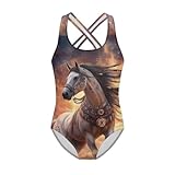 WELLFLYHOM Western Horse Bathing Suits for Girls 7-8 Full Coverage Swimsuit One Piece Beachwear Aztec Native Cross Back Round Neck Swimwear Sleeveless Bathingsuits for Swimming Beach