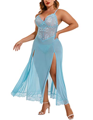 Image of Avidlove Plus Size Lingerie for Curvy Women Long Lace Babydoll Nightdress | V neck sheer mesh nightgown,g-string included,high side slits,adjustable straps,curve-flattering fit,maternity photoshoot