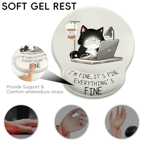 Image of ZORBES Mouse Pad with Wrist Support, Funny Cat Ergonomic Mouse Pad with Wrist Support I'm Fine Motivational Memo Design, Soft Gel Rest, Non-Slip Mouse Mat for Office & Home