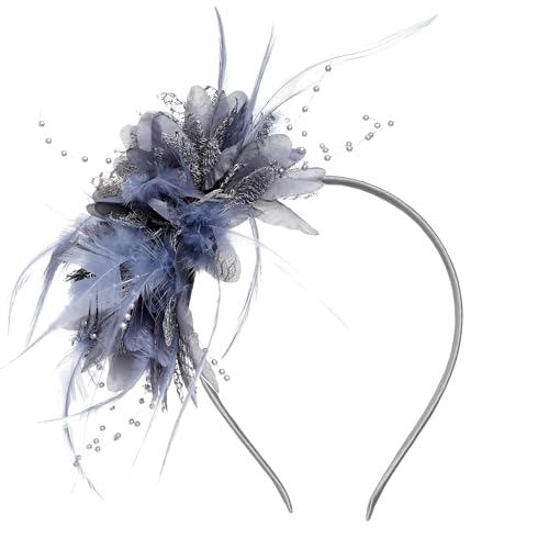 Tocado para mujer, sombreros de fiesta de té, diadema de velo de perlas de plumas para boda, cóctel, accesorios, Gris, Talla única