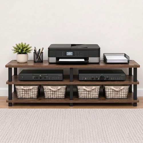 Furinno Turn-S-Tube Toolless Assembly 3-Tier TV Stand, Entertainment Center for TV up to 55 Inch, Wide Printer Stand with Storage Shelf, for Living Room, Bedroom, Amber Pine