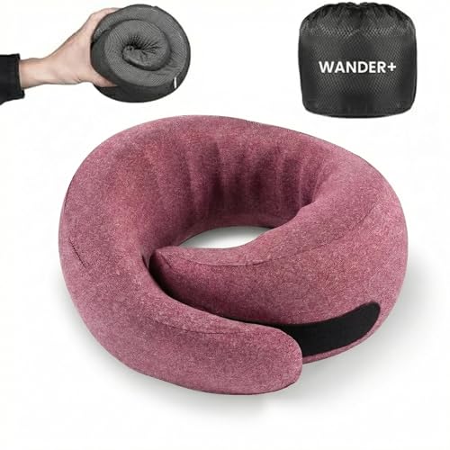 Image of WANDER+ Plus Travel Pillow, 100% Pure Memory Foam Travel Neck Pillow Airplane Neck Support Ergonomic Design Best for Sleeping Plane Car Train Office Flight for Adults Purple