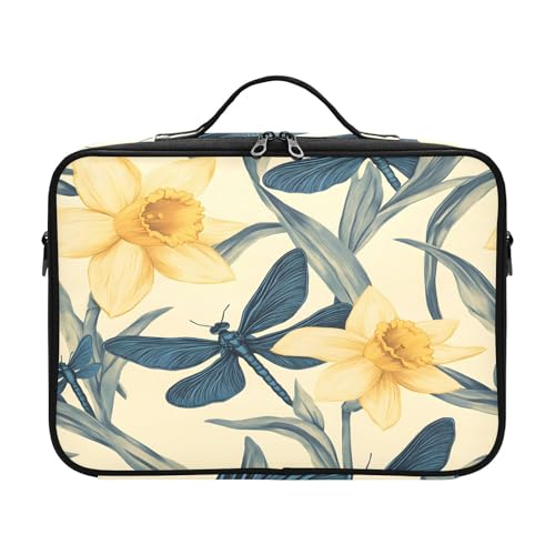 zyrtty Travel Makeup Train Case Narcissus Dragonfly Pattern Yellow Cosmetic Organizer Portable Storage Bag with Adjustable Dividers for Cosmetics Brushes Toiletry Jewelry Digital Accessories