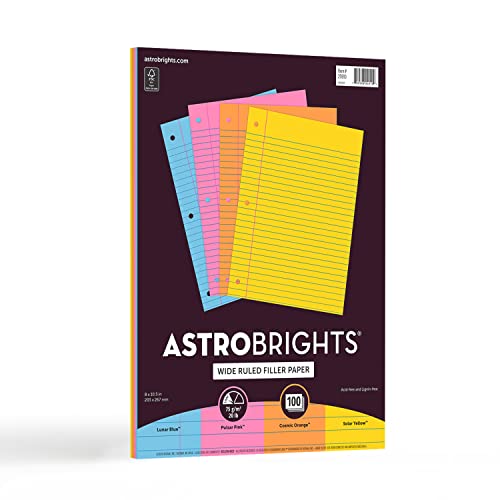Astrobrights® Filler Paper, 8' x 10 1/2', Wide Ruled, 20 Lb, FSC® Certified, Assorted Colors, Pack Of 100 Sheets