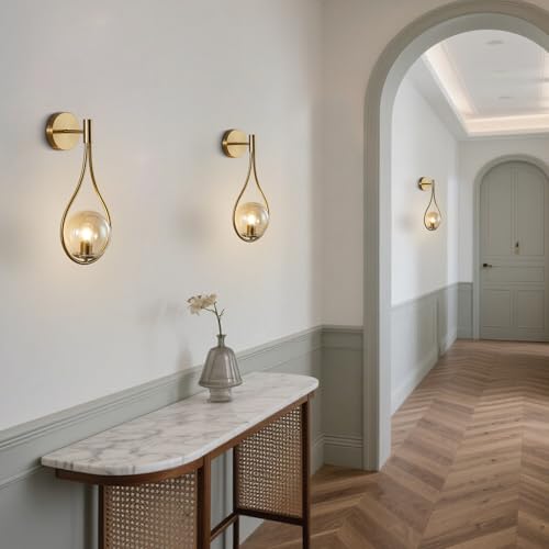 Image of KCO Lighting Teardrop Wall Sconce Brass Gold Wall Sconce Set of 2 Vintage Amber Glass Wall Light Mid Century Modern Bathroom Vanity Light