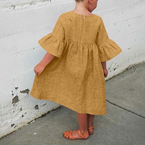 Girls Summer Baggy Cotton Linen Dress Loose Short Sleeve Casual A-Line Swing Cute Dresses with Pockets for 3-12 Years4