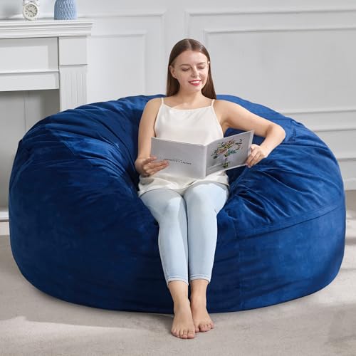 Image of Hobestluk Adults Bean Bag Chair 4FT Big BeanBag Chair Extra Large Oversized | Memory Foam,Washable Cover,Velvet Fabric,Side Pocket,Bedroom Living Room Big Adults Bean Bag Chairs Reading Gaming | Blue 4FT