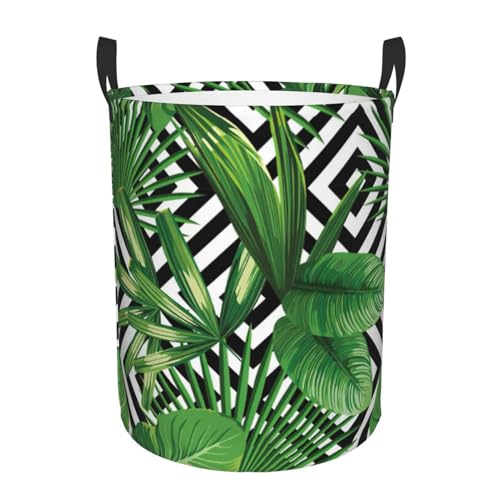 Cesta de ropa sucia redonda de una sola capa con hojas verdes de palmera tropical, cesta de ropa sucia para tus necesidades de organización del hogar